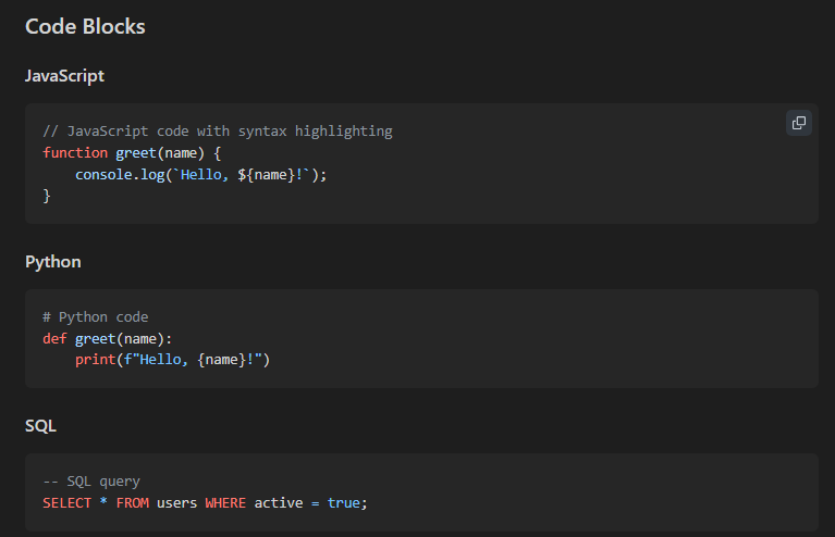 Code blocks with syntax highlighting